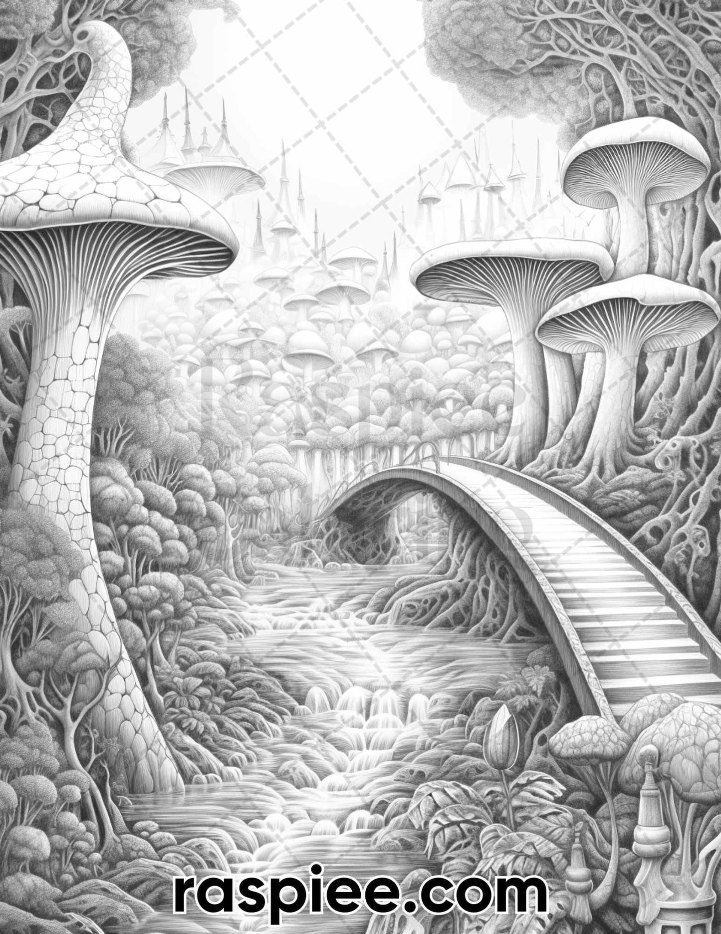 50 Fantasy Mushroom Island Grayscale Coloring Pages for Adults, Printable PDF Instant Download
