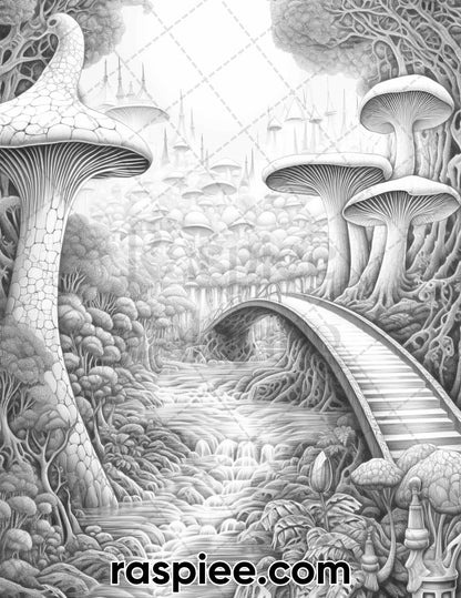 50 Fantasy Mushroom Island Grayscale Coloring Pages for Adults, Printable PDF Instant Download