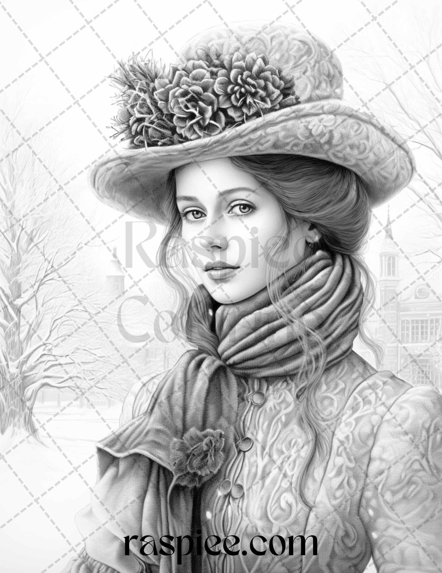 60 Victorian Winter Portrait Grayscale Coloring Pages Printable for Adults, PDF File Instant Download