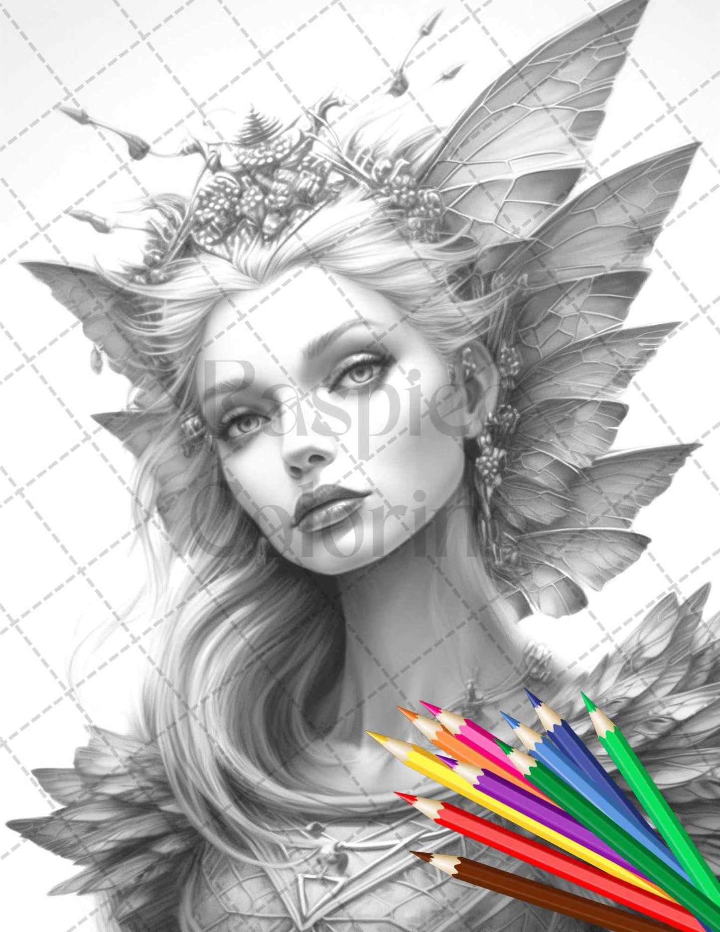 Beautiful Dark Fairy Grayscale Coloring Pages Printable for Adults, PDF File Instant Download