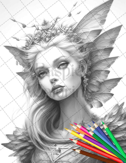 Beautiful Dark Fairy Grayscale Coloring Pages Printable for Adults, PDF File Instant Download