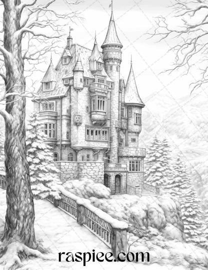 Winter Scenery Grayscale Coloring Pages Printable, Relaxing Snowy Landscapes, PDF File Instant Download