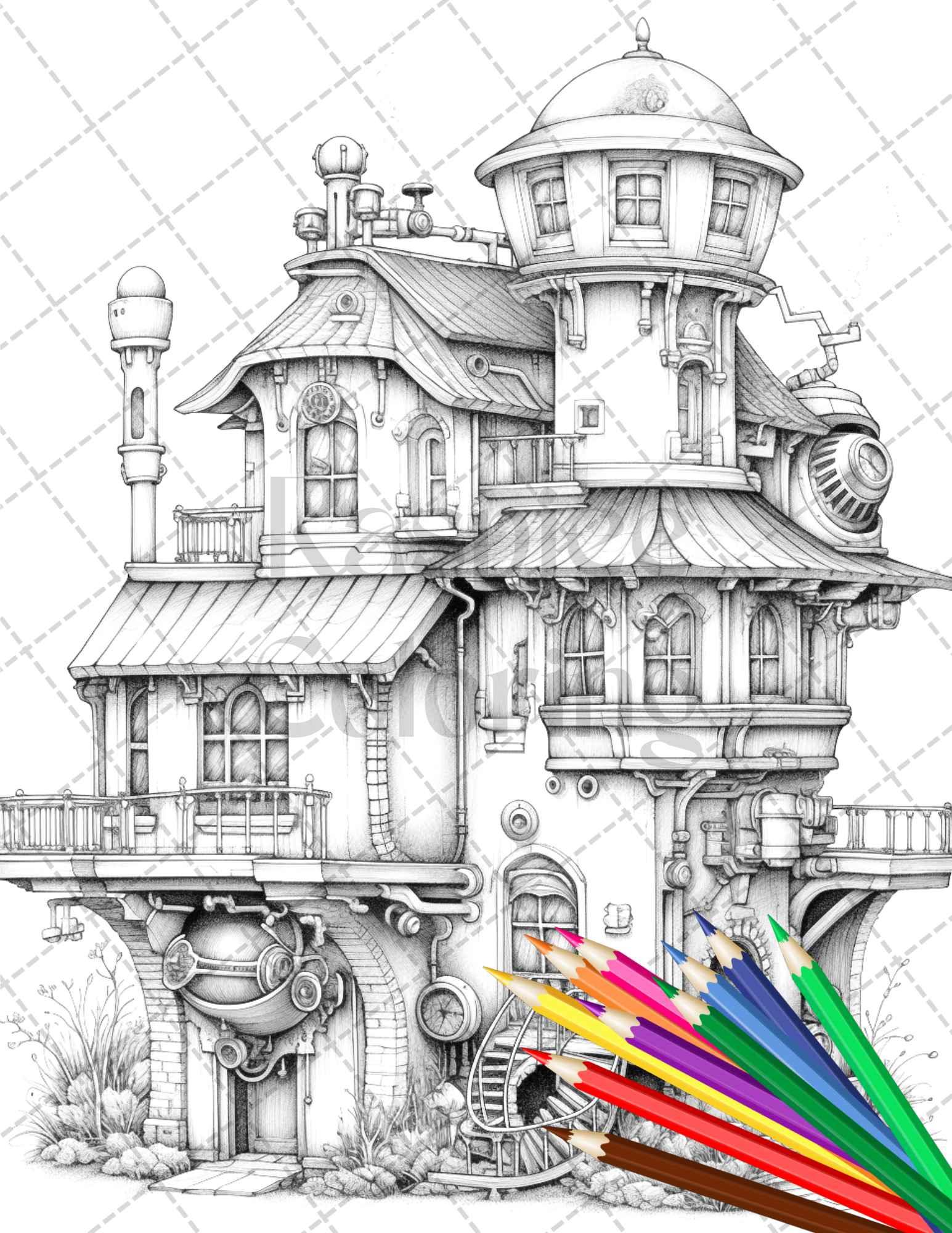 50 Steampunk Houses Grayscale Coloring Pages Printable for Adults, PDF File Instant Download