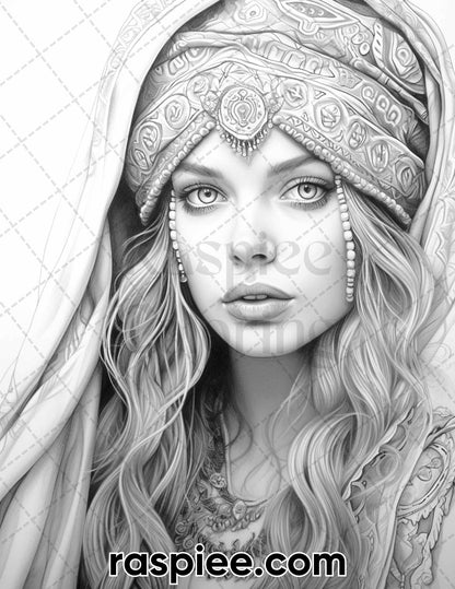 60 Bohemian Beauties Grayscale Coloring Pages for Adults, Printable PDF Instant Download
