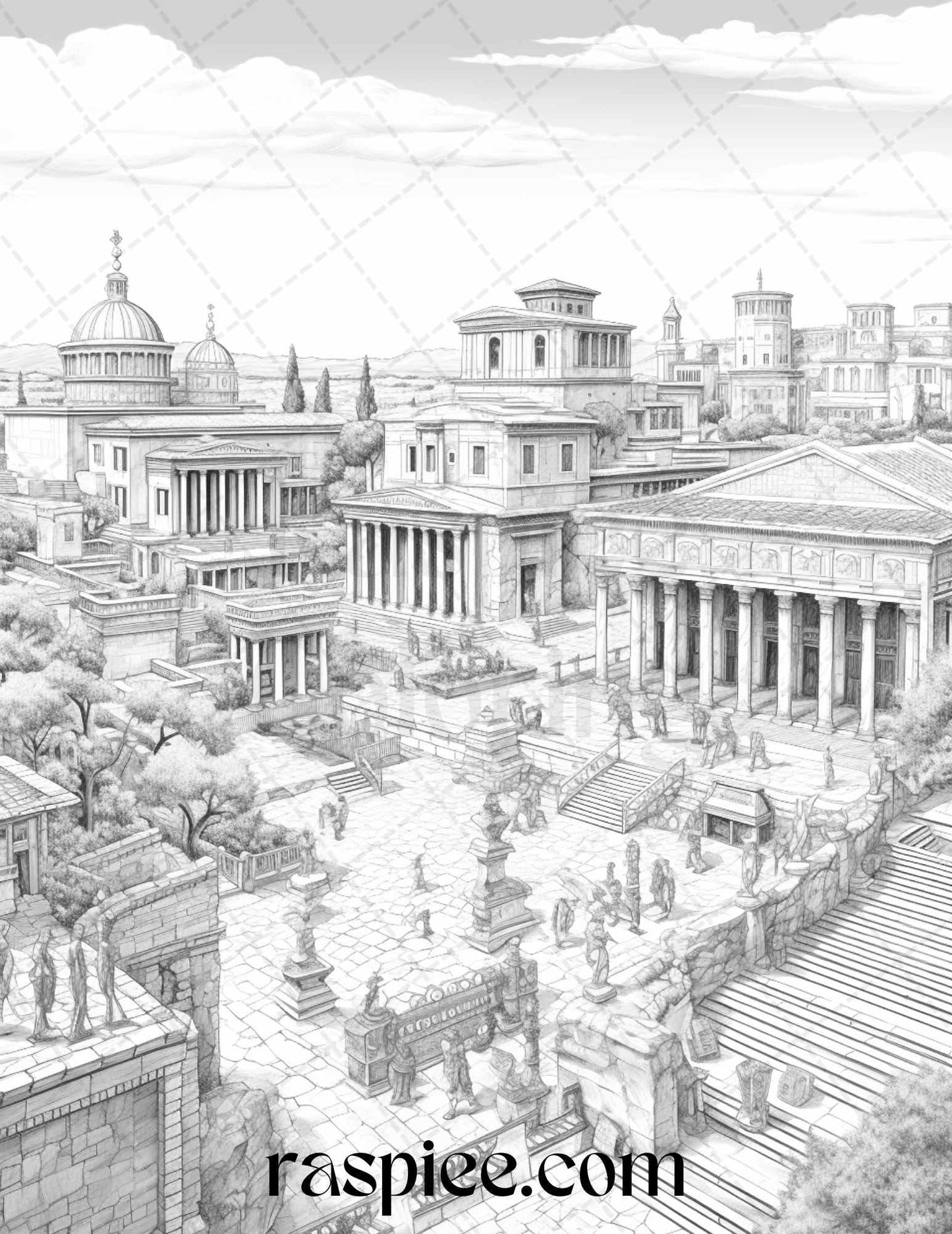 Roman Architecture Grayscale Coloring Pages Printable for Adults, PDF File Instant Download
