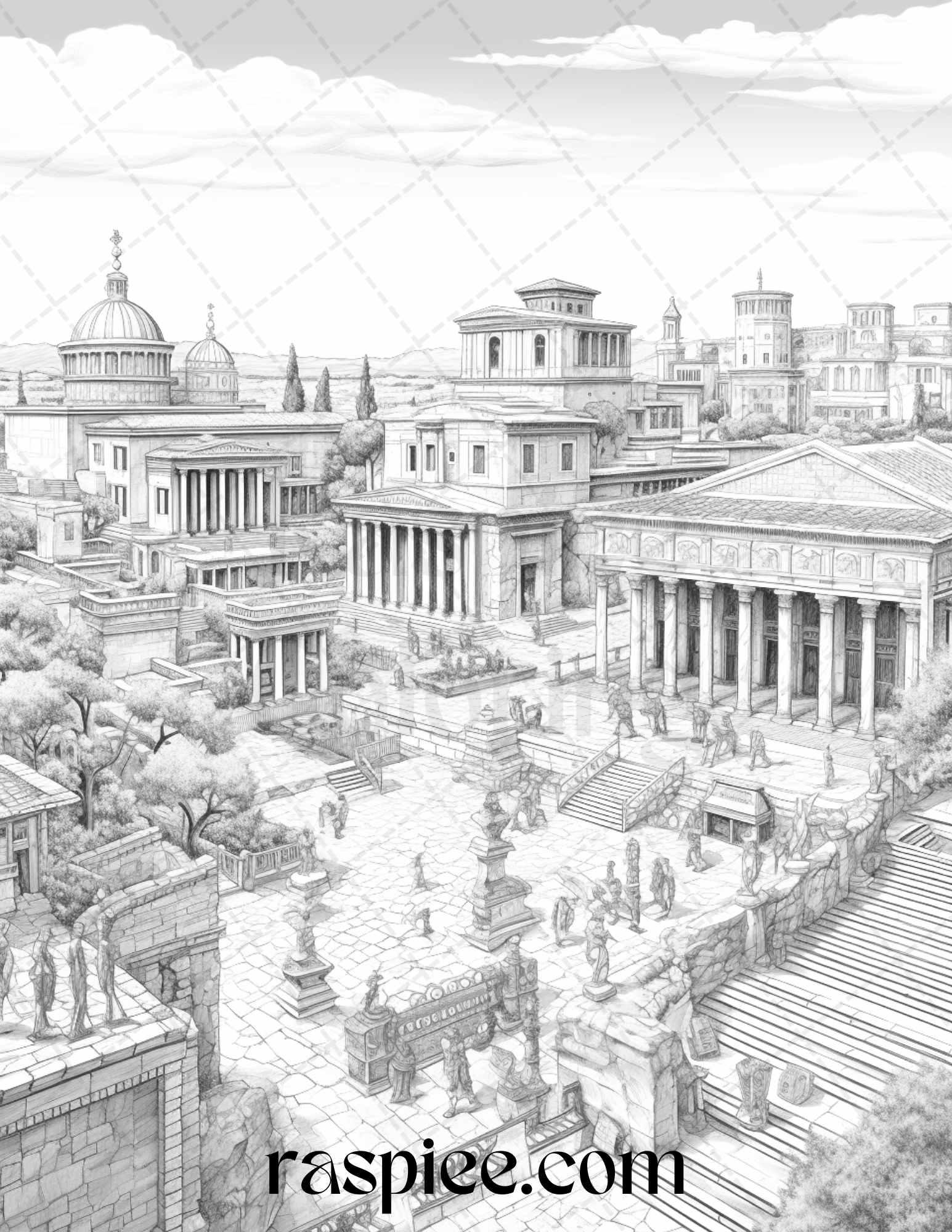 Roman Architecture Grayscale Coloring Pages Printable for Adults, PDF File Instant Download