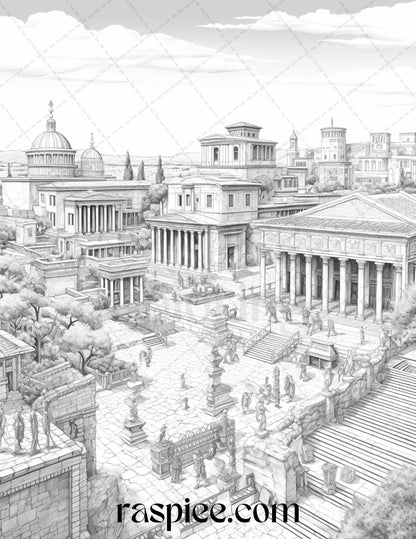 Roman Architecture Grayscale Coloring Pages Printable for Adults, PDF File Instant Download