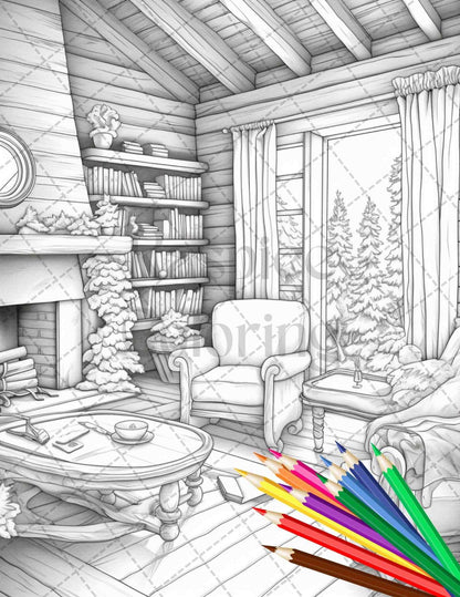 Cozy Cabin Interior Grayscale Coloring Pages Printable for Adults, PDF File Instant Download