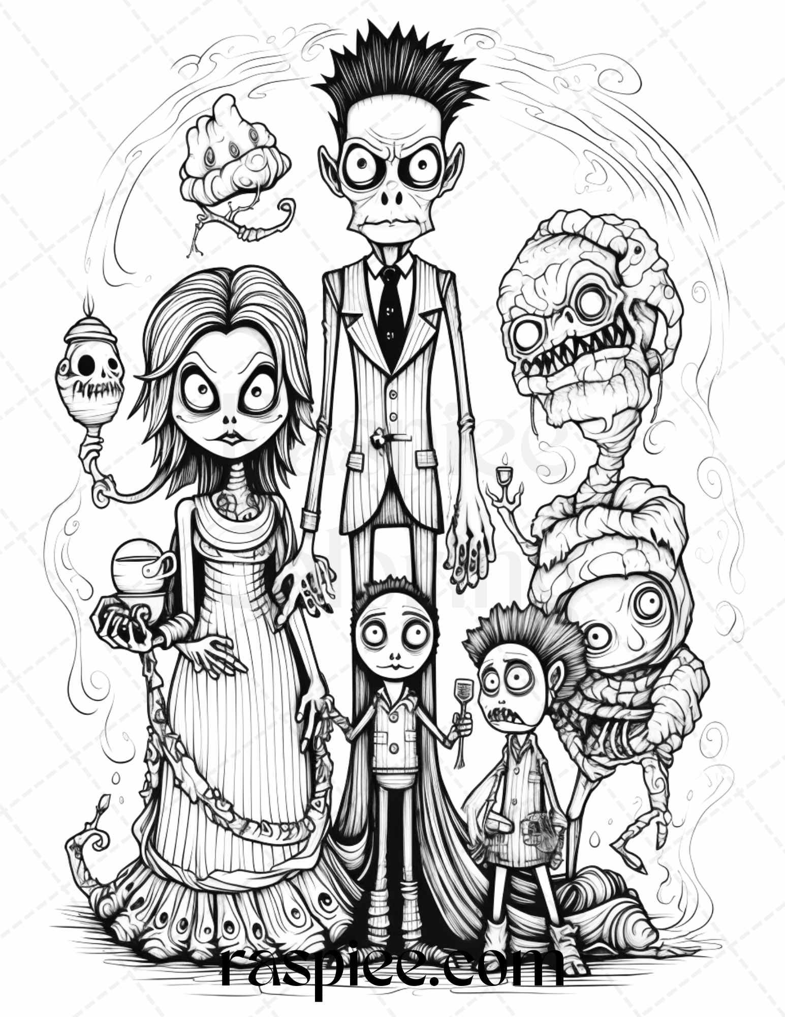 50 Monster Family Grayscale Coloring Pages Printable for Adults - Instant Download, Halloween Coloring Book, Fun and Spooky Designs