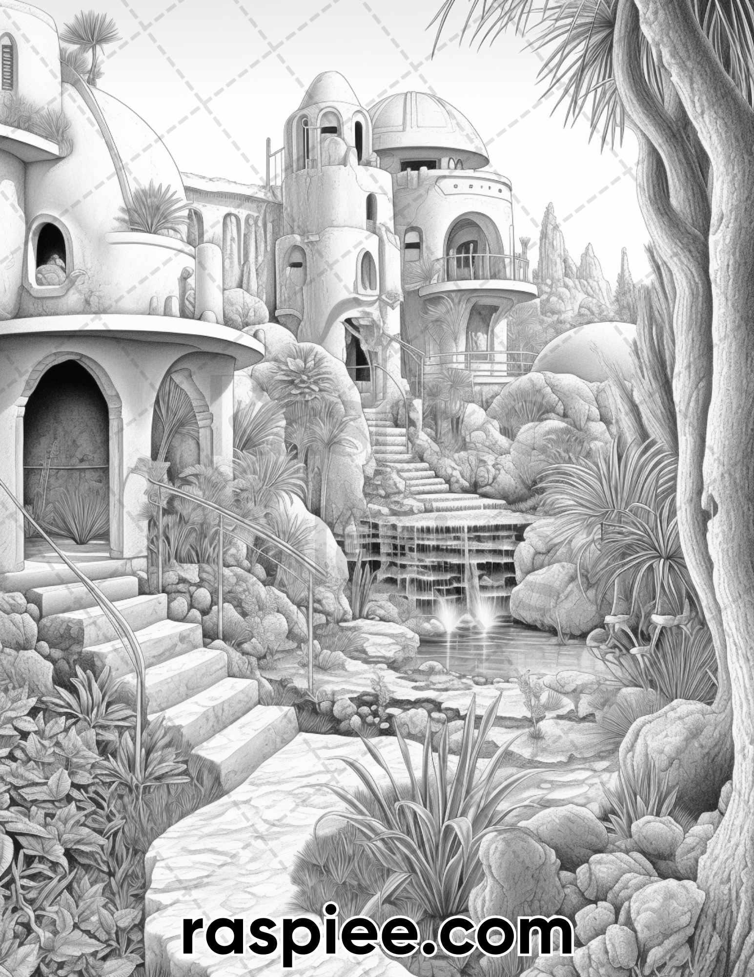 55 Desert Oasis Fairy Homes Grayscale Coloring Pages for Adults, Printable PDF Instant Download