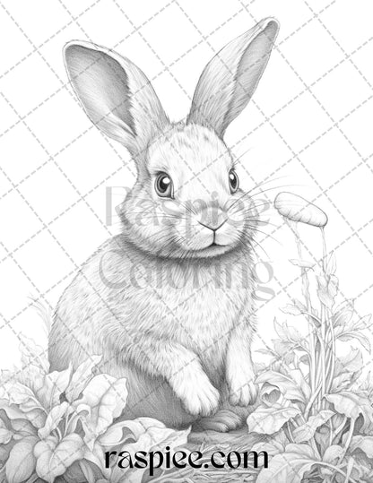 50 Rabbit Garden Grayscale Coloring Pages Printable for Adults, PDF File Instant Download