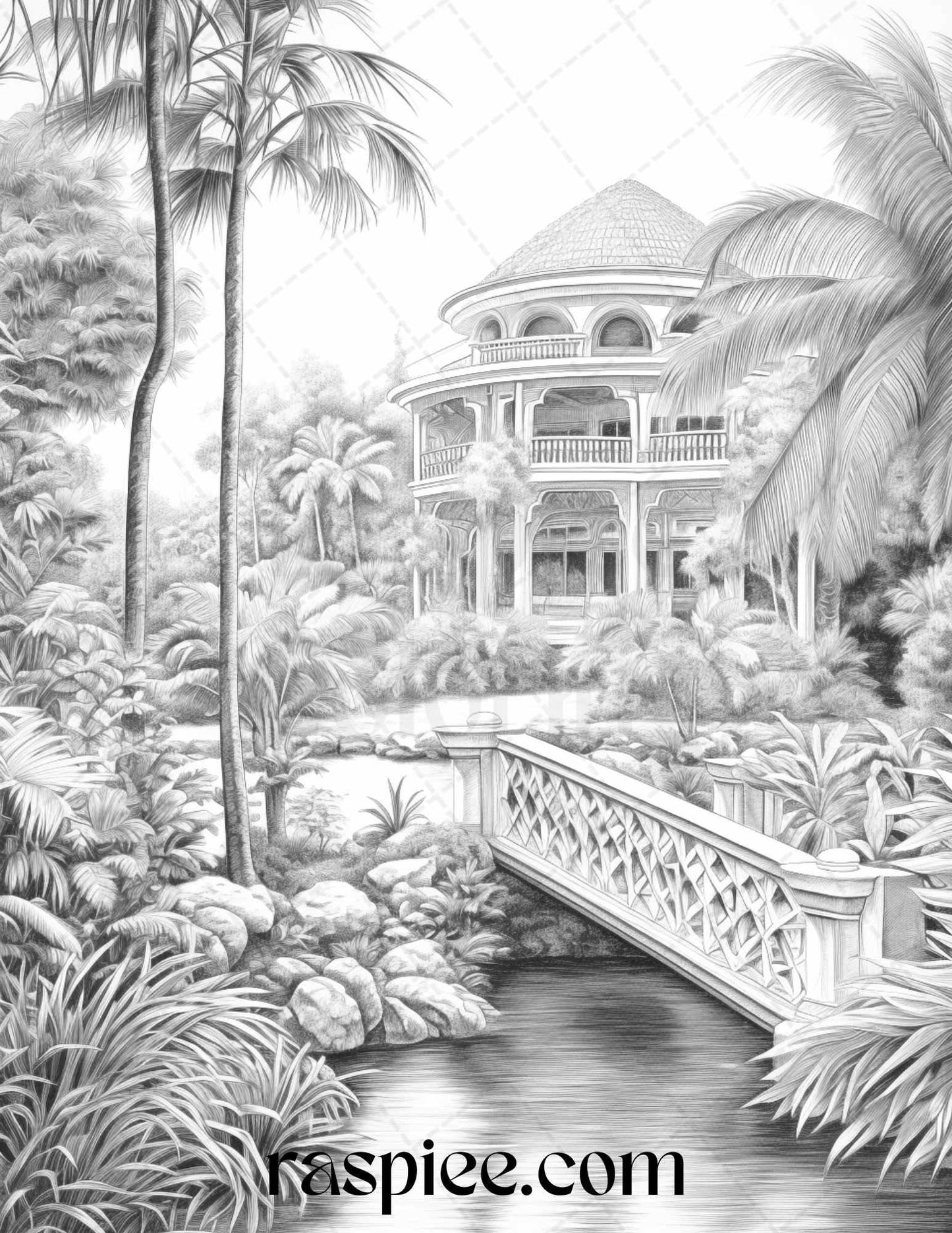 52 Tropical Oasis Grayscale Coloring Pages Printable for Adults, PDF File Instant Download