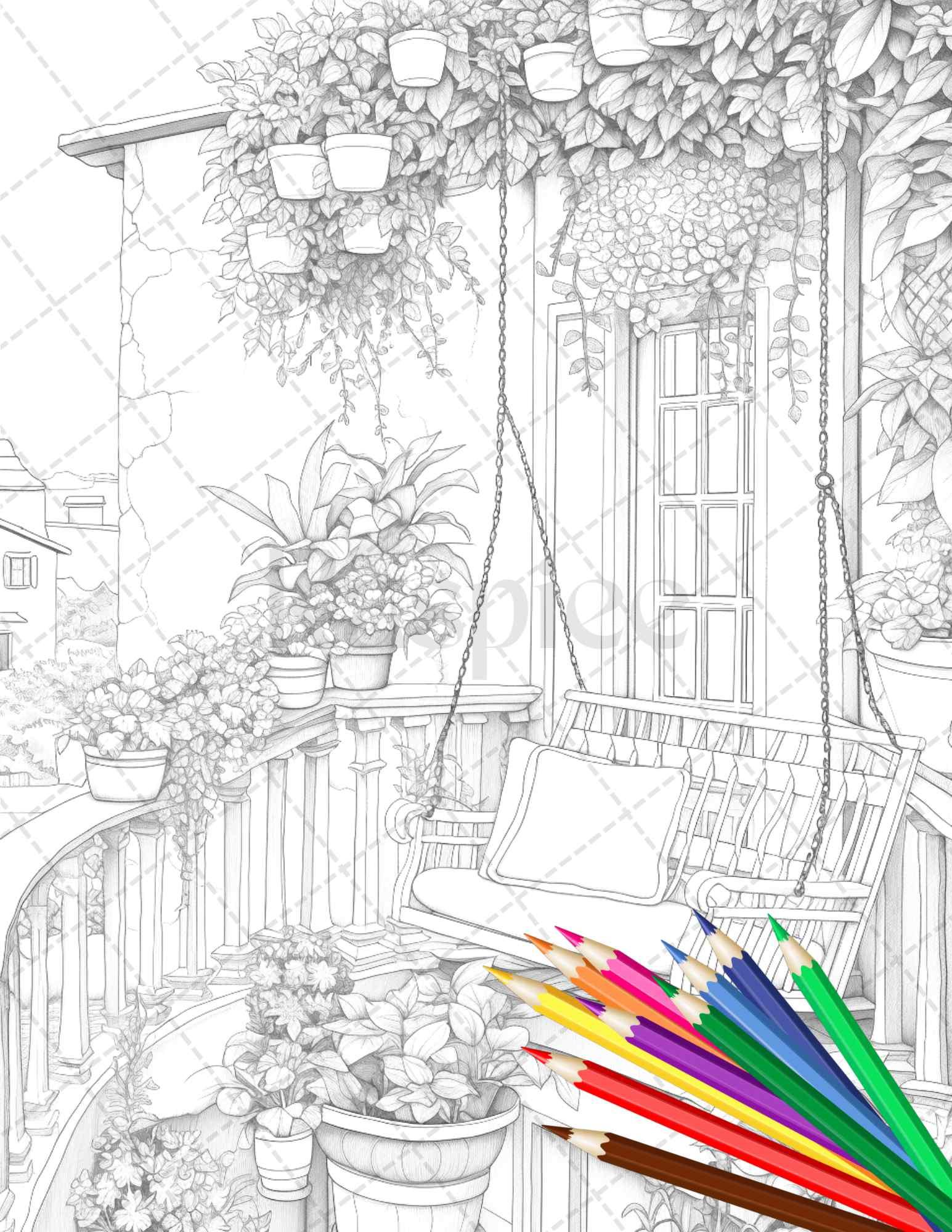Charming Balcony Garden Grayscale Coloring Pages Printable for Adults, PDF File Instant Download