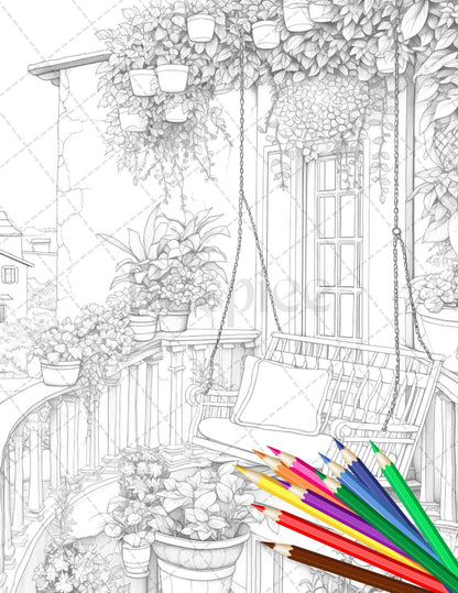 Charming Balcony Garden Grayscale Coloring Pages Printable for Adults, PDF File Instant Download