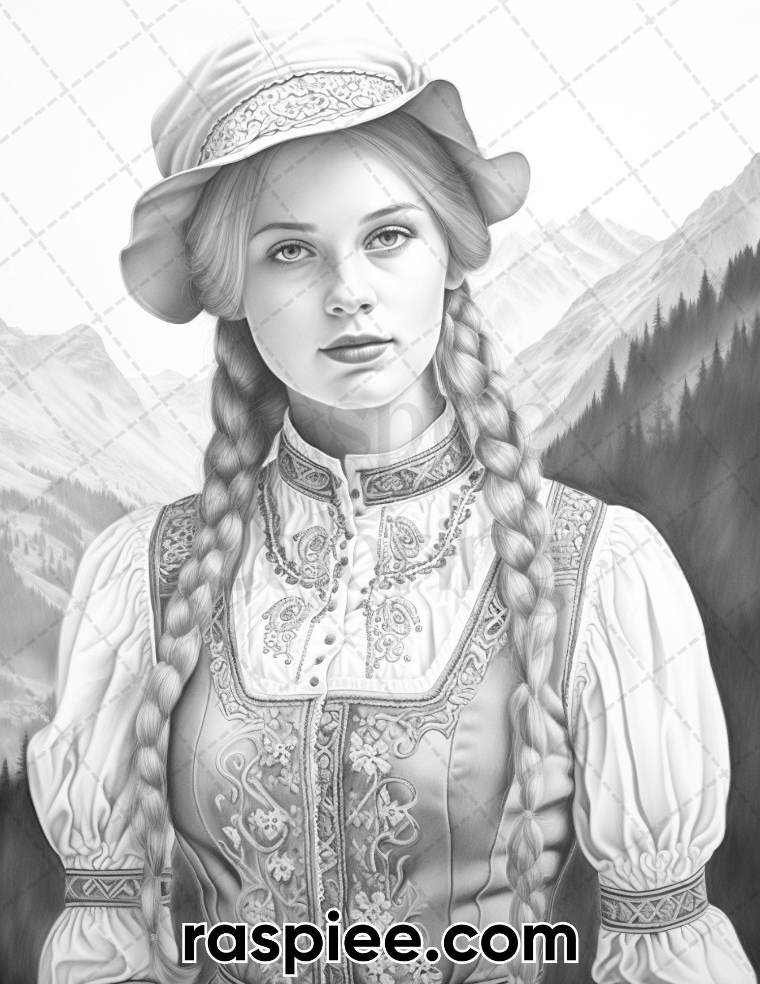 55 Traditional Swiss Girls Grayscale Adult Coloring Pages, Printable PDF Instant Download