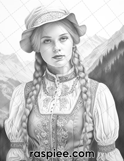 55 Traditional Swiss Girls Grayscale Adult Coloring Pages, Printable PDF Instant Download