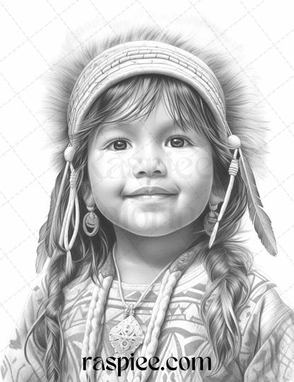 50 Native American Little Girls Boys Grayscale Coloring Pages Printable for Adults Kids, PDF File Instant Download