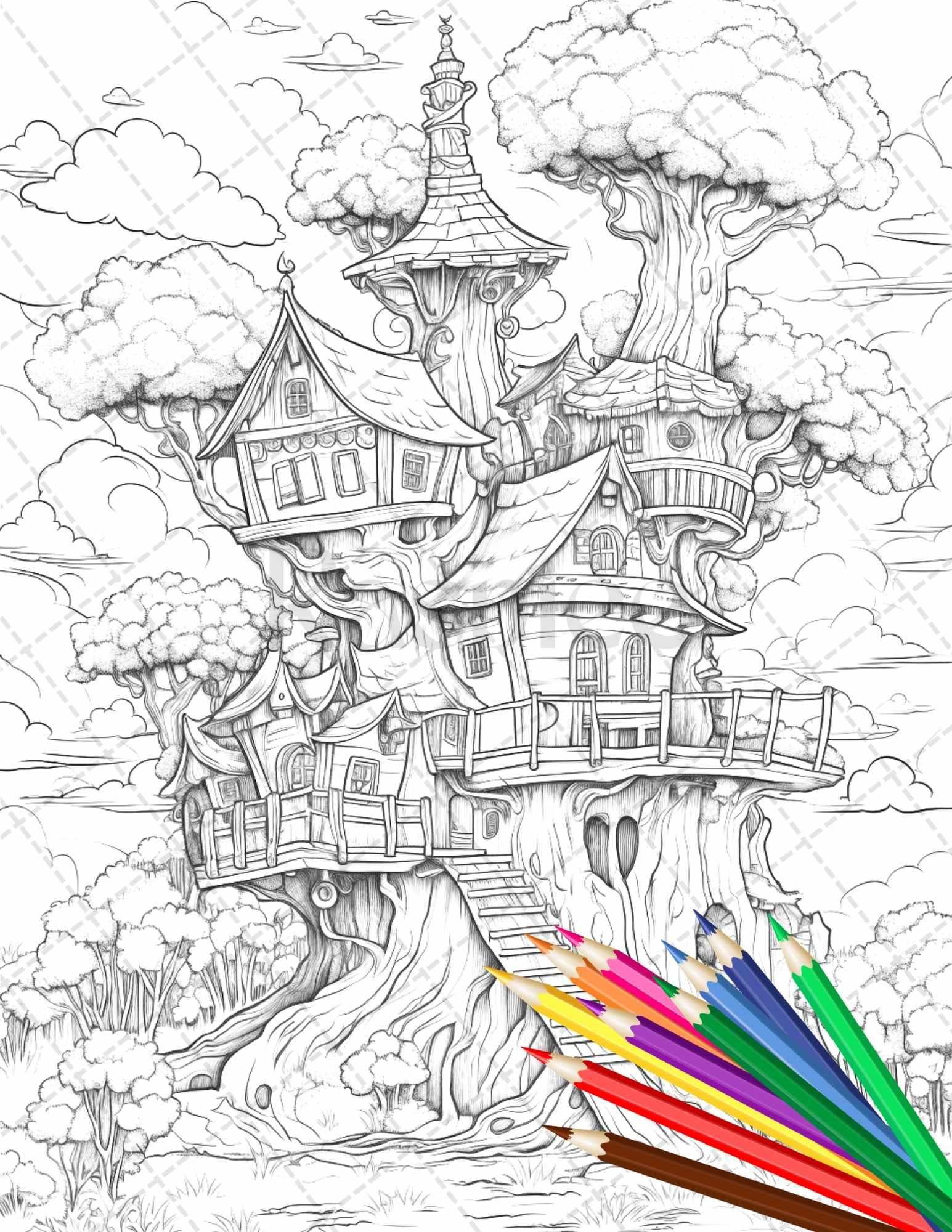 110 Enchanted Treehouse Coloring Book Printable for Adults, Grayscale Coloring Page, PDF File Instant Download