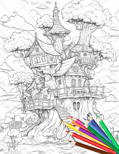 110 Enchanted Treehouse Coloring Book Printable for Adults, Grayscale Coloring Page, PDF File Instant Download