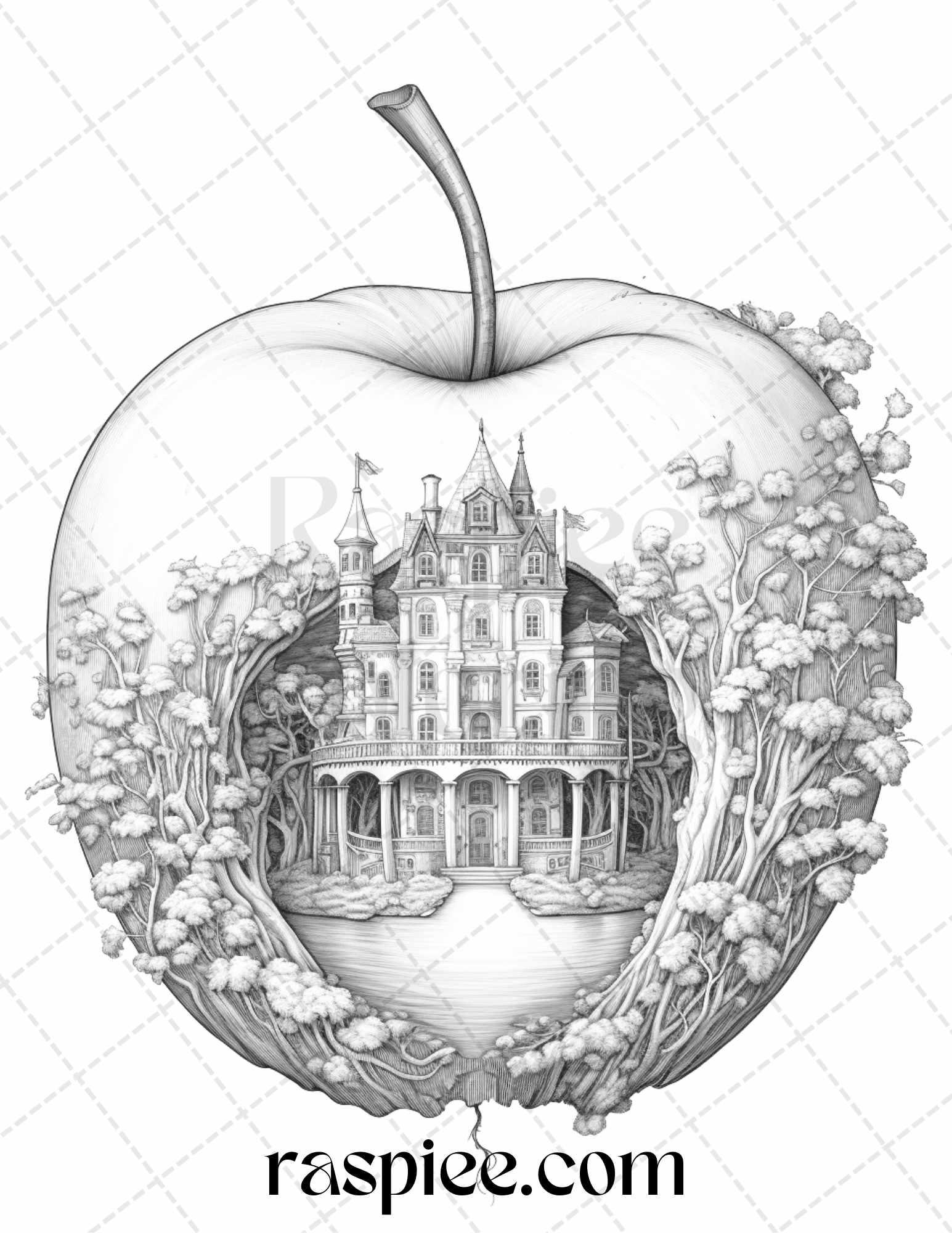 60 Miniworld in the Apple Grayscale Coloring Pages Printable for Adults, PDF File Instant Download