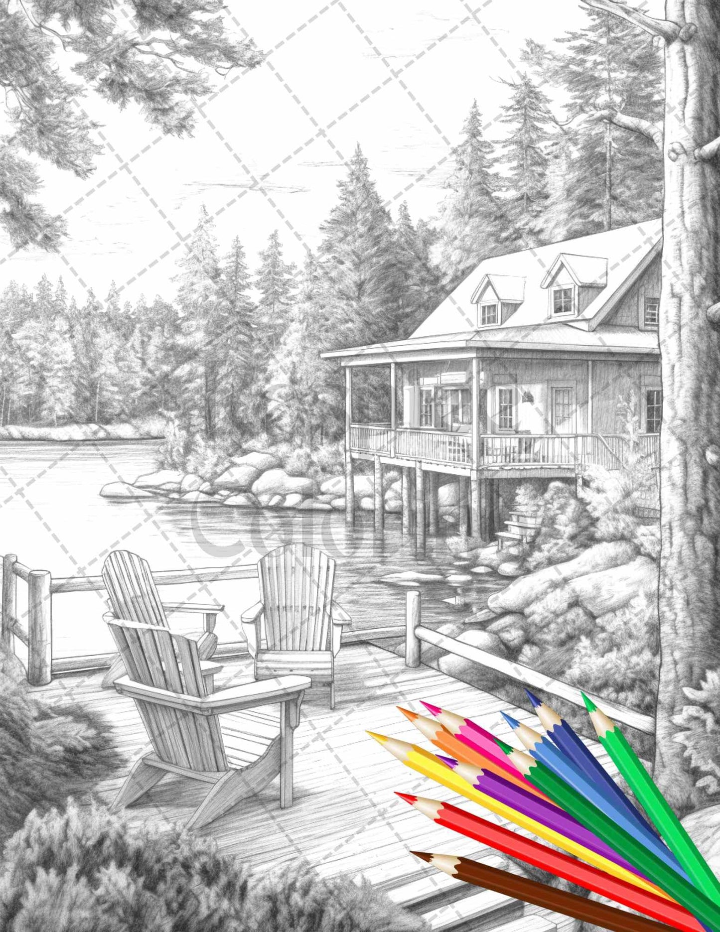Lake Cabin Scenery Grayscale Coloring Pages Printable for Adults, PDF File Instant Download