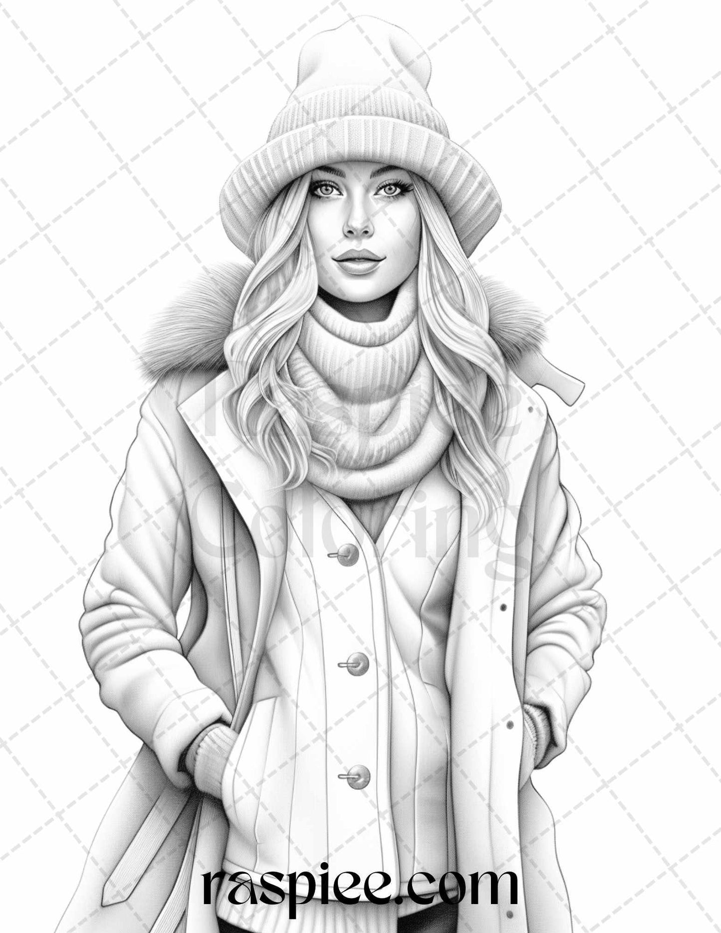 40 Winter Fashion Grayscale Coloring Pages Printable for Adults, PDF File Instant Download