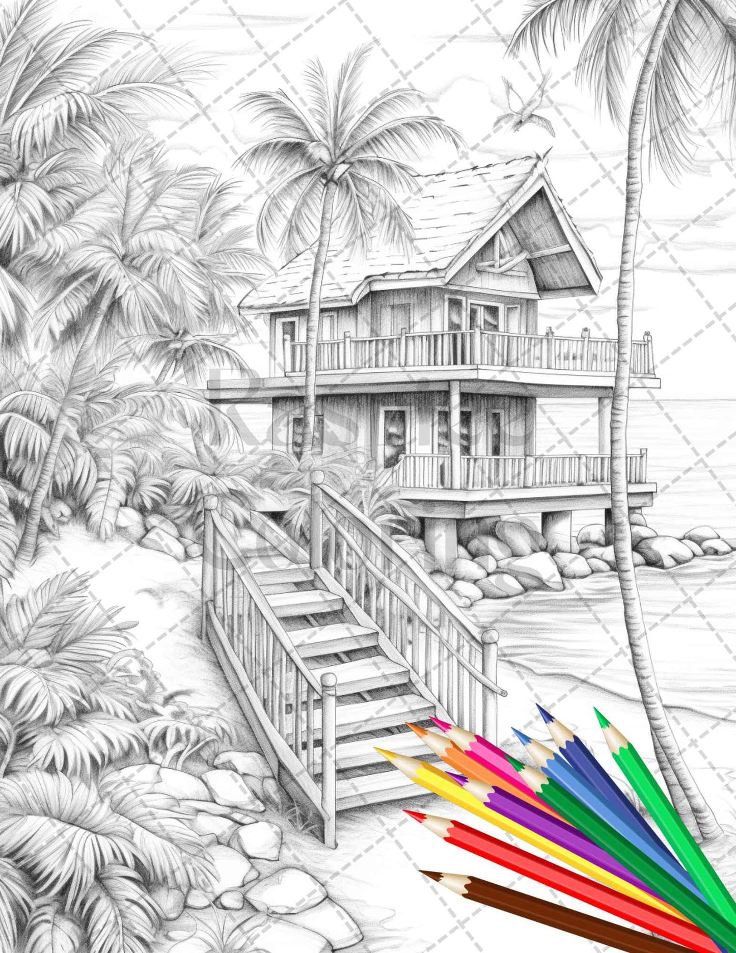 Beautiful Tropical Beach Grayscale Coloring Pages Printable for Adults, PDF File Instant Download