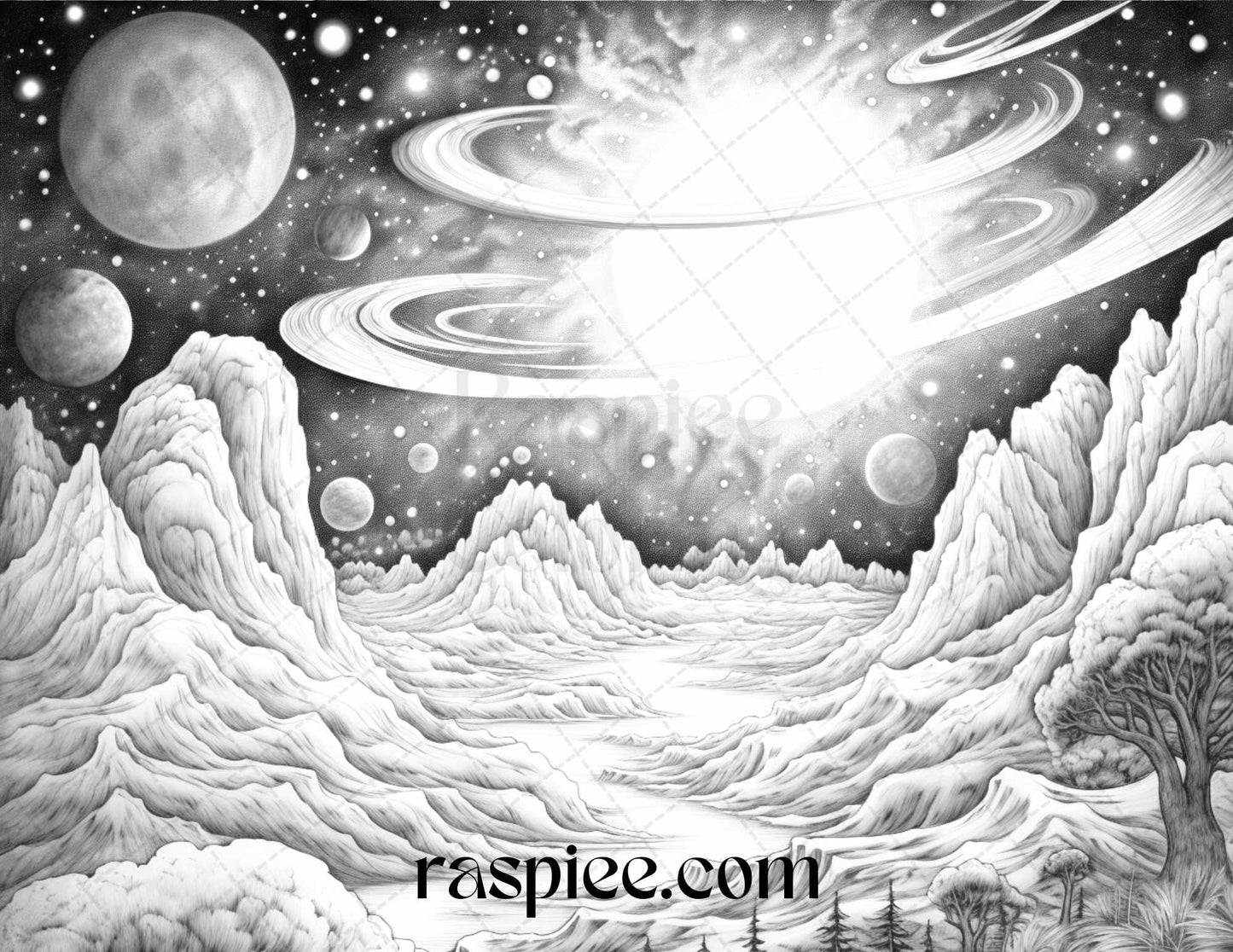 55 Celestial Landscapes Grayscale Coloring Pages Printable for Adults, PDF File Instant Download