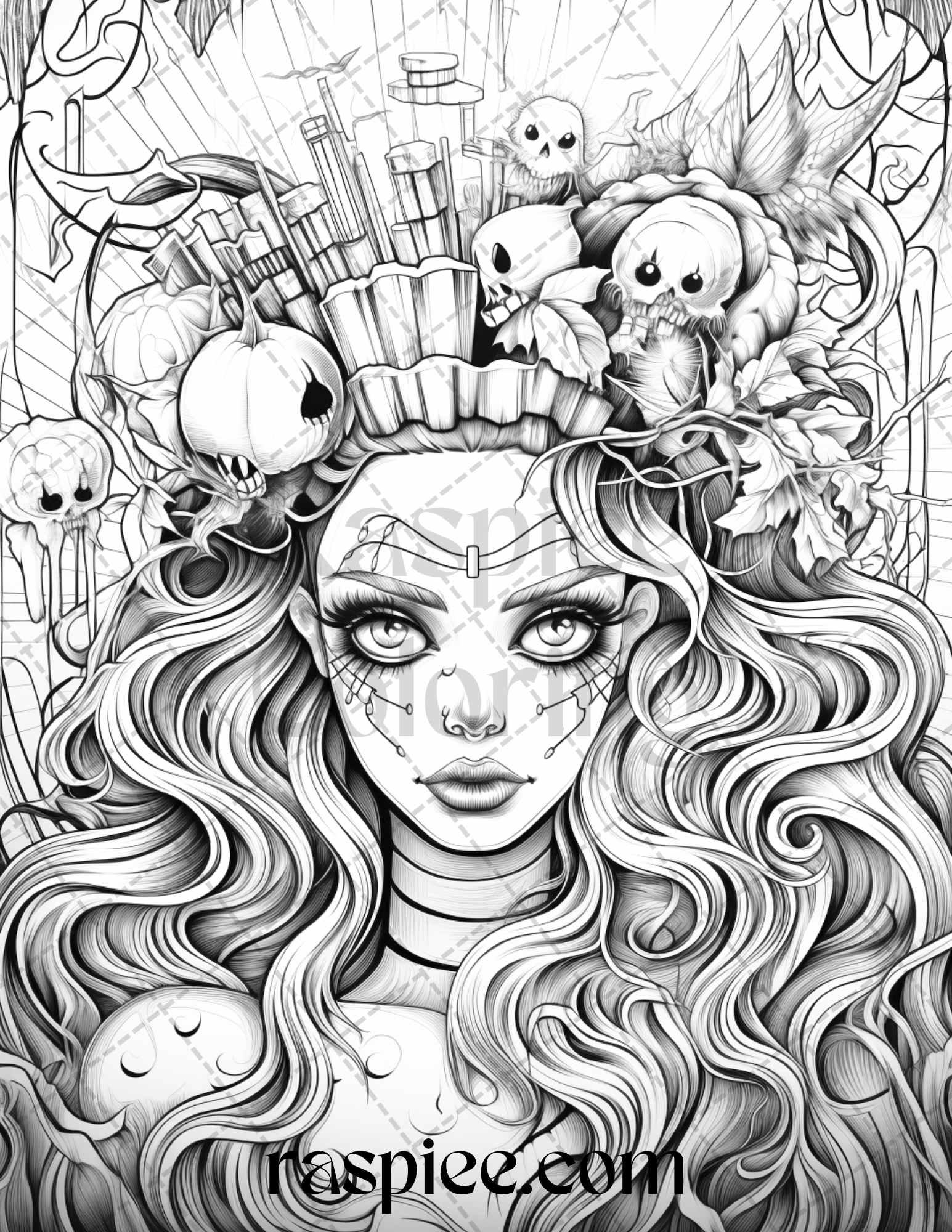 50 Spooky Miss Nightmare Grayscale Coloring Pages Printable for Adults, PDF File Instant Download
