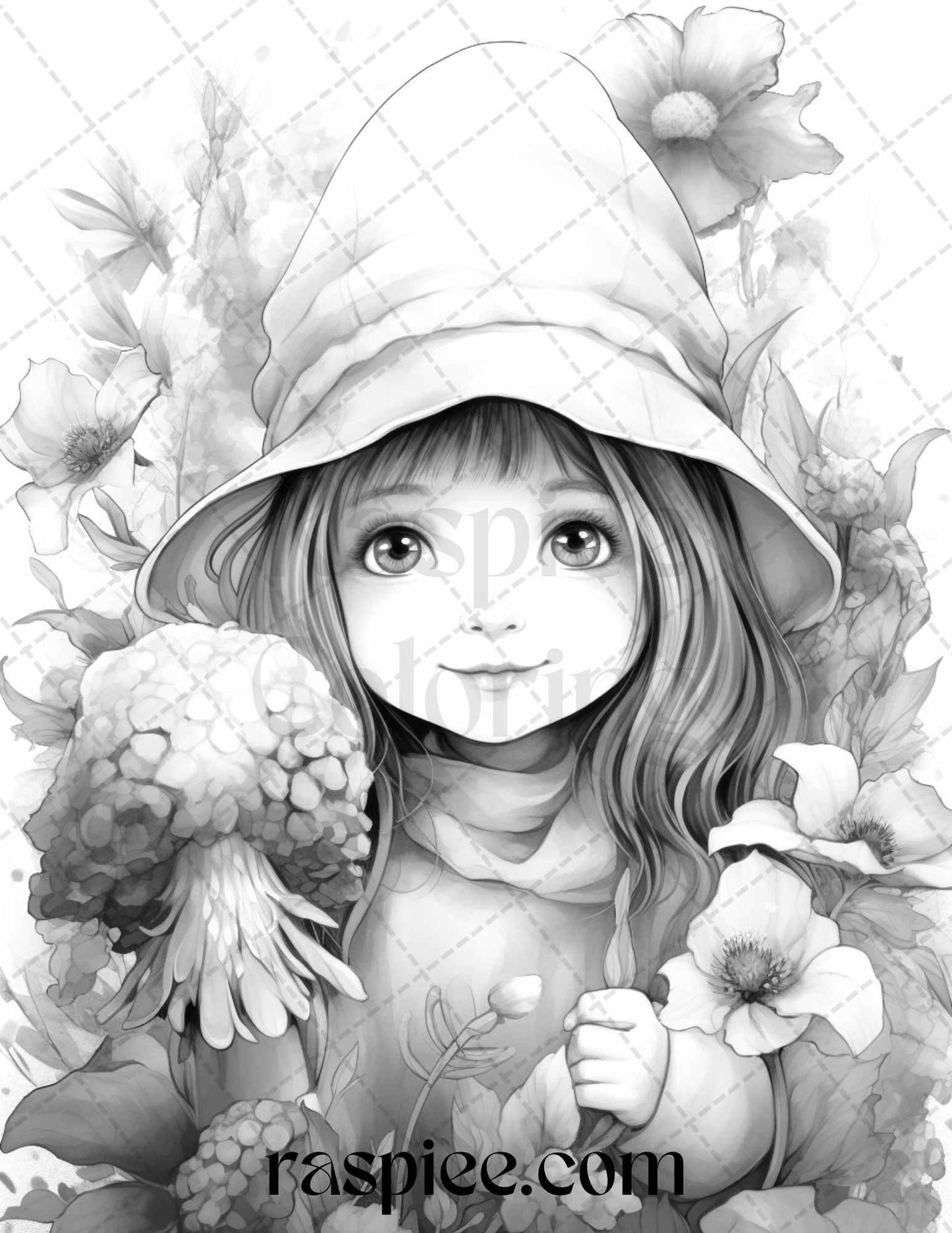 50 Flower Gnomes Grayscale Coloring Pages Printable for Adults Kids, PDF File Instant Download