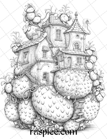 50 Strawberry Houses Grayscale Coloring Pages Printable for Adults Kids, PDF File Instant Download