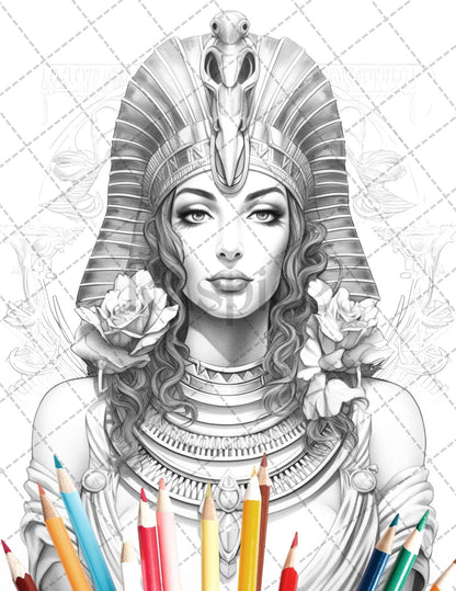 35 Ancient Egyptian Queens Coloring Book Printable for Adults, Grayscale Coloring Page, PDF File Instant Download