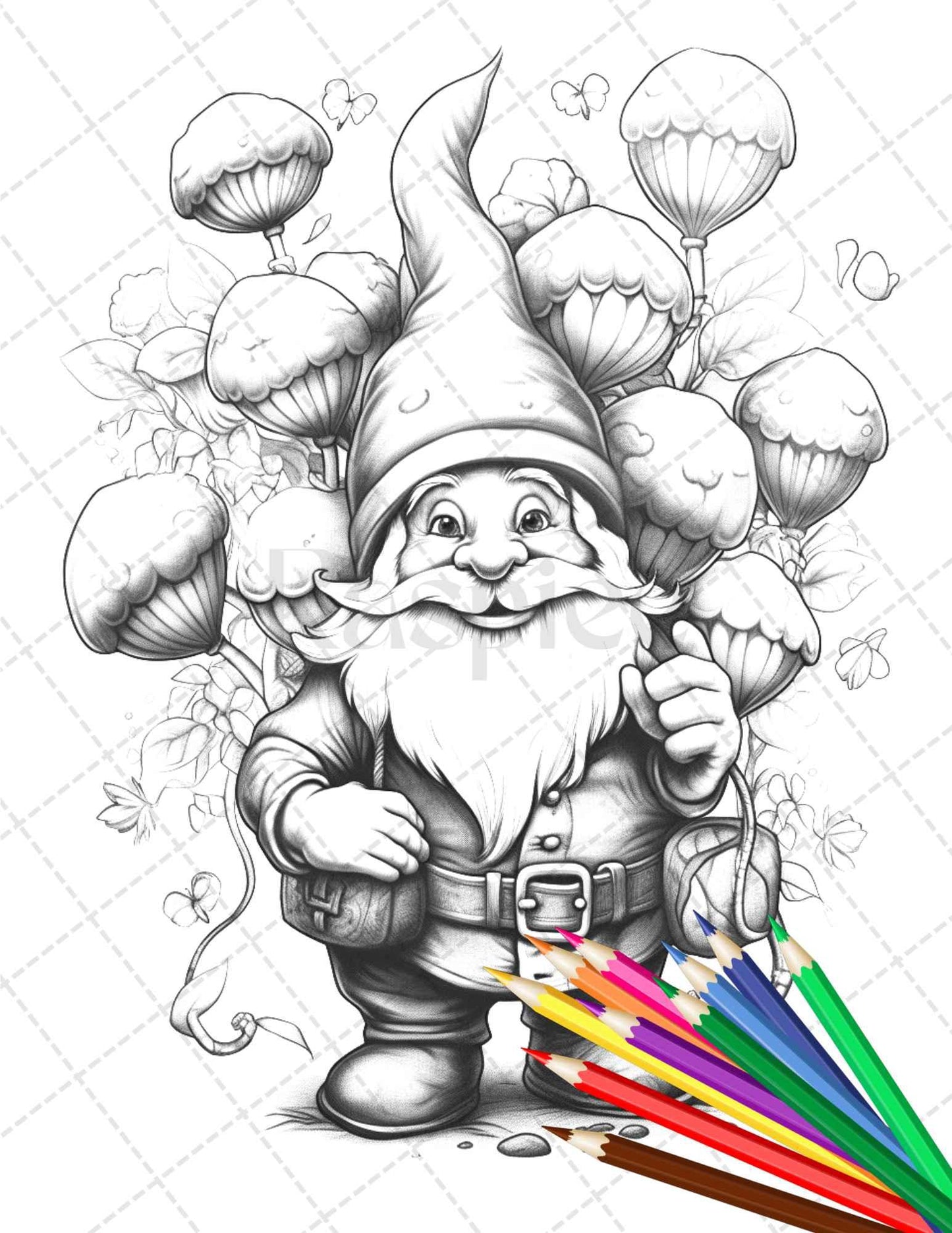 33 Gnome Love Coloring Pages Printable for Adults, Grayscale Coloring Page, PDF File Instant Download