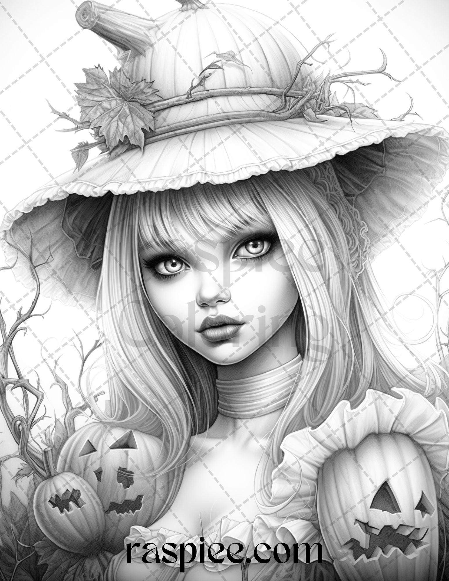 55 Halloween Girls Grayscale Coloring Pages Printable for Adults, PDF File Instant Download
