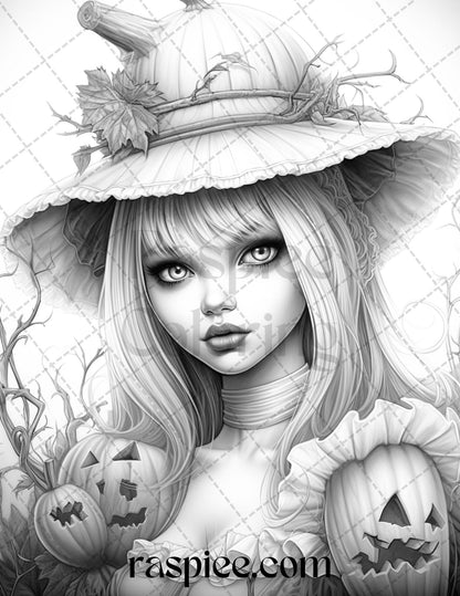 55 Halloween Girls Grayscale Coloring Pages Printable for Adults, PDF File Instant Download