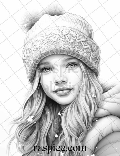 60 Beautiful Winter Girls Grayscale Coloring Pages Printable for Adults, PDF File Instant Download