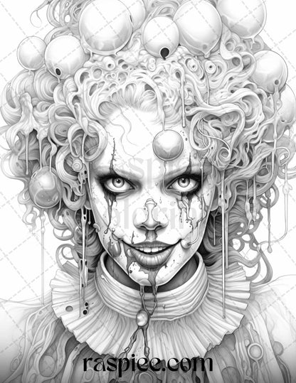 50 Scary Clown Girls Grayscale Coloring Pages Printable for Adults, PDF File Instant Download