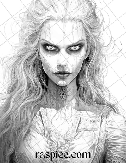 60 Halloween Vampire Grayscale Coloring Pages Printable for Adults, PDF File Instant Download