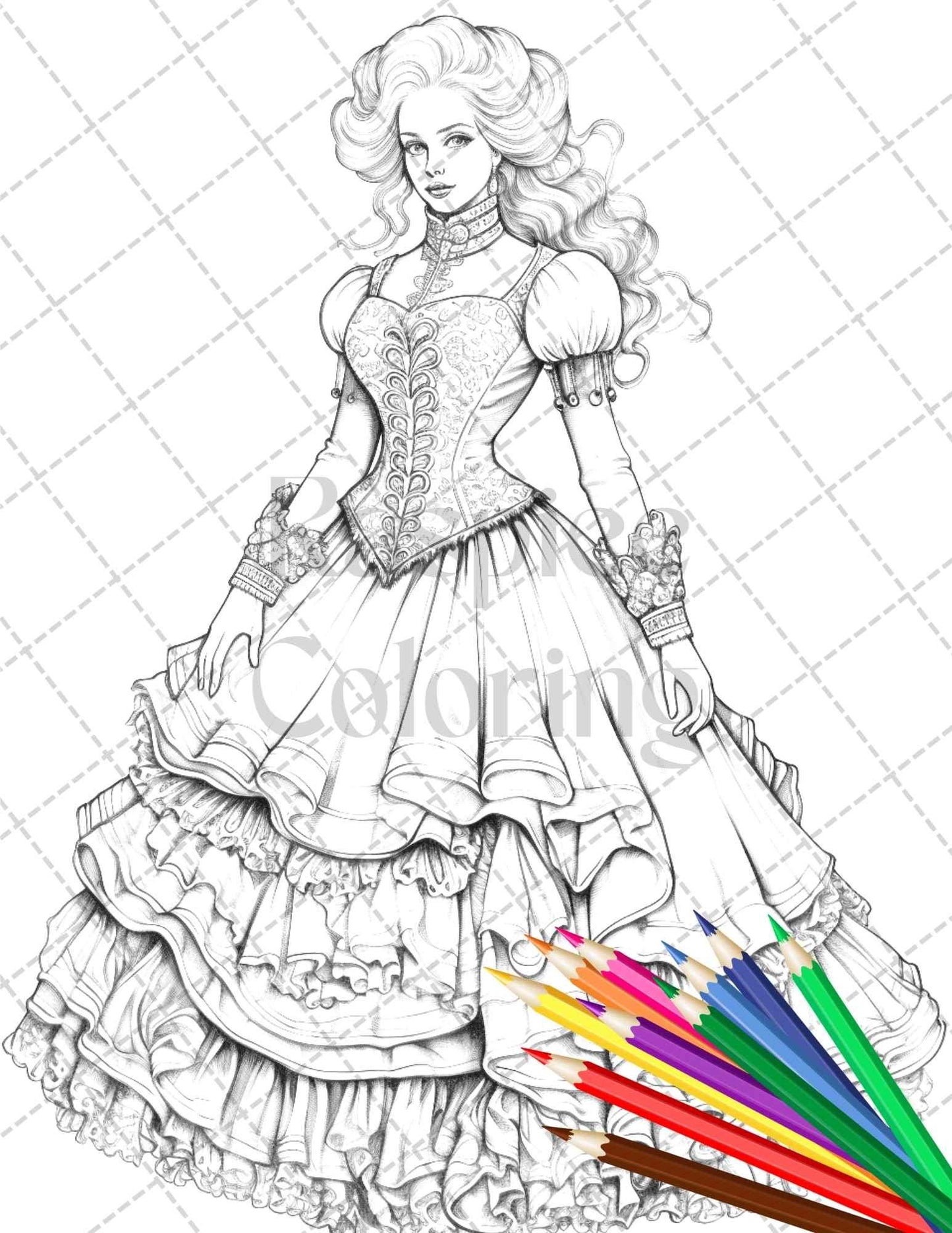 50 Victorian Fashion Grayscale Coloring Pages Printable for Adults, PDF File Instant Download