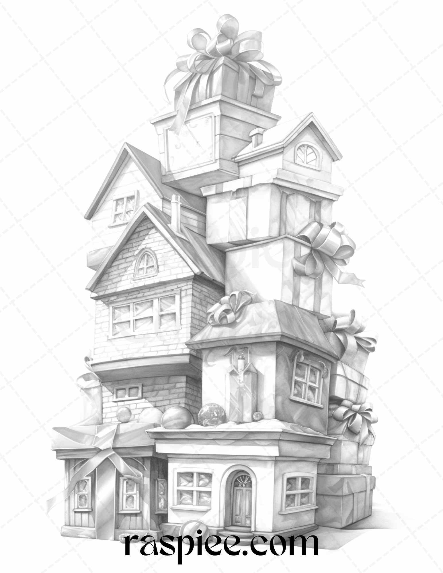 40 Adorable Gift Box Houses Grayscale Coloring Pages Printable for Adults Kids, PDF File Instant Download