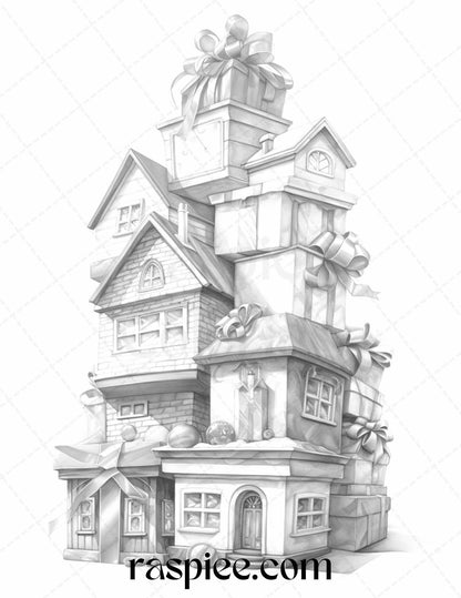 40 Adorable Gift Box Houses Grayscale Coloring Pages Printable for Adults Kids, PDF File Instant Download
