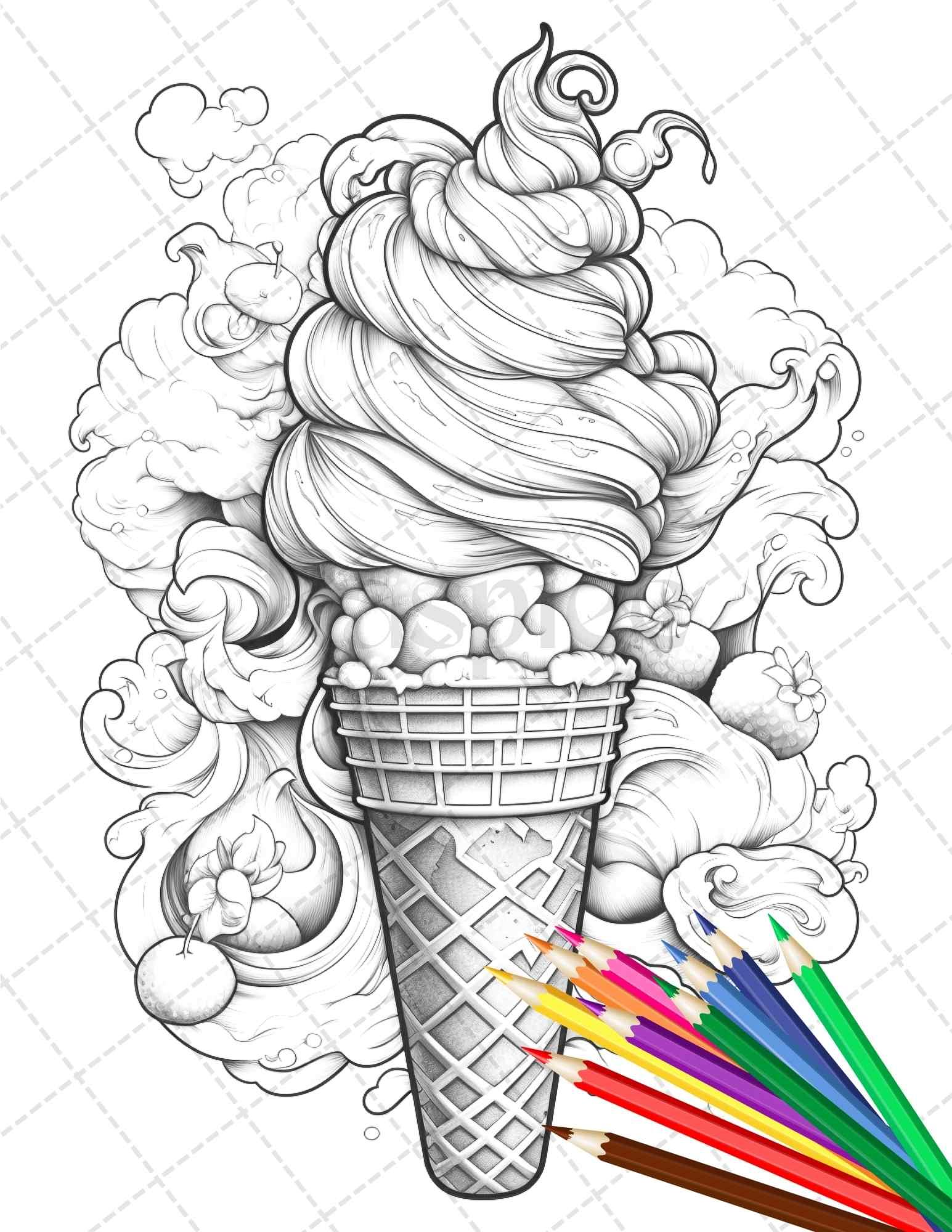 52 Printable Ice Cream Desserts Coloring Pages for Adults and Kids, Grayscale Coloring Page, PDF File Instant Download