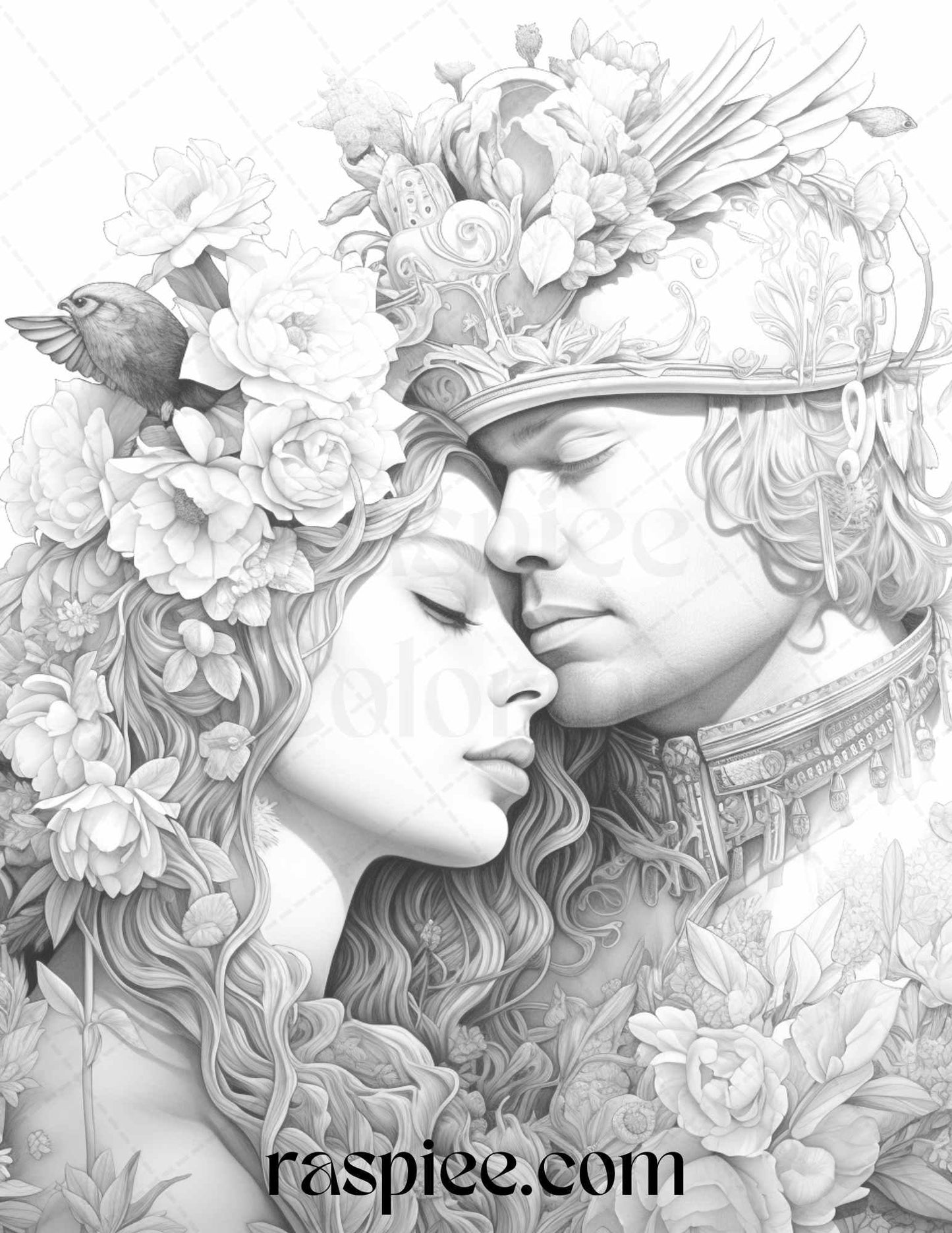 50 Romantic Couple Flowers Grayscale Coloring Pages Printable for Adults, PDF File Instant Download