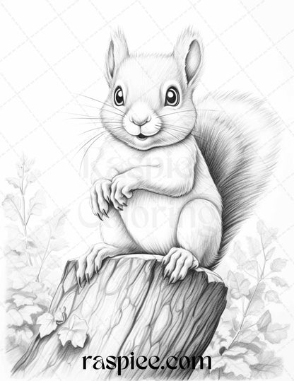 52 Adorable Squirrels Grayscale Coloring Pages Printable for Adults Kids, PDF File Instant Download