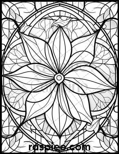 50 Christmas Stained Glass Grayscale Coloring Pages for Adults, Printable PDF File Instant Download