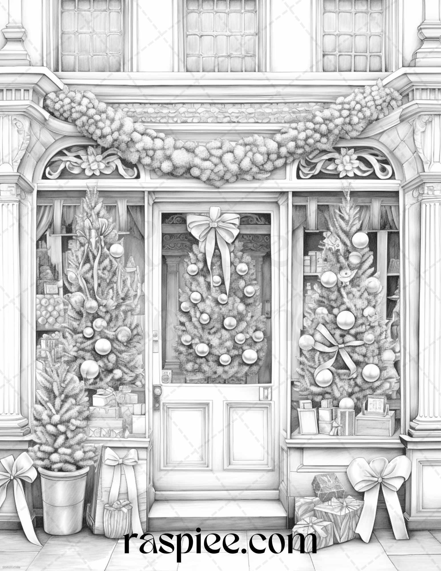 Christmas Store Front Grayscale Coloring Pages for Adults, PDF Printable Instant Download