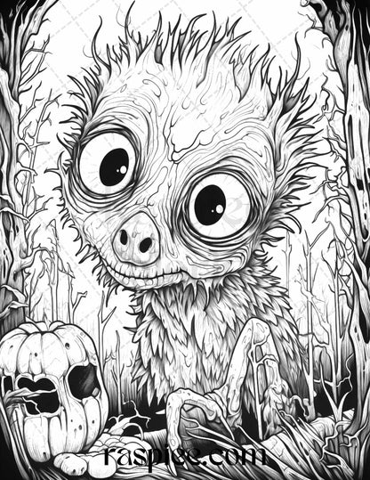 50 Halloween Scary Animals Grayscale Coloring Pages Printable for Adults, PDF File Instant Download
