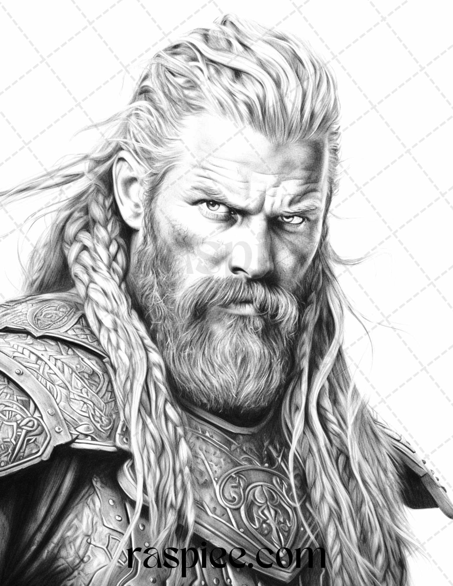 55 Viking Warriors Portrait Grayscale Coloring Pages Printable for Adults, PDF File Instant Download