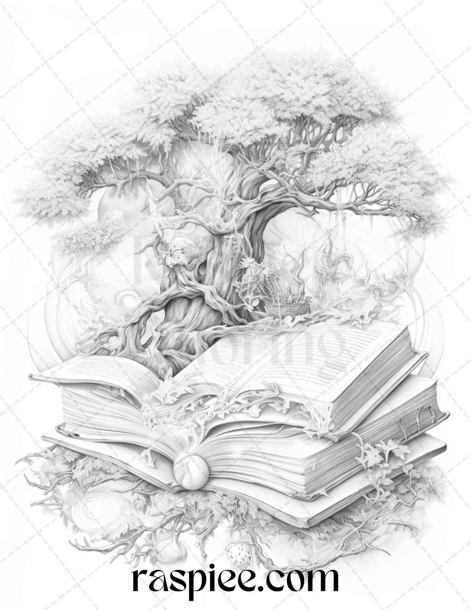 50 Magical Books Grayscale Coloring Pages Printable for Adults, PDF File Instant Download