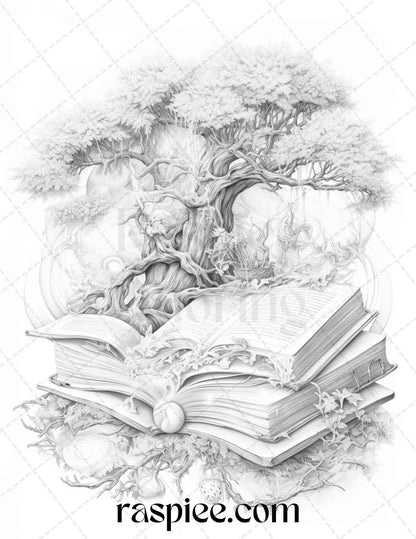 50 Magical Books Grayscale Coloring Pages Printable for Adults, PDF File Instant Download